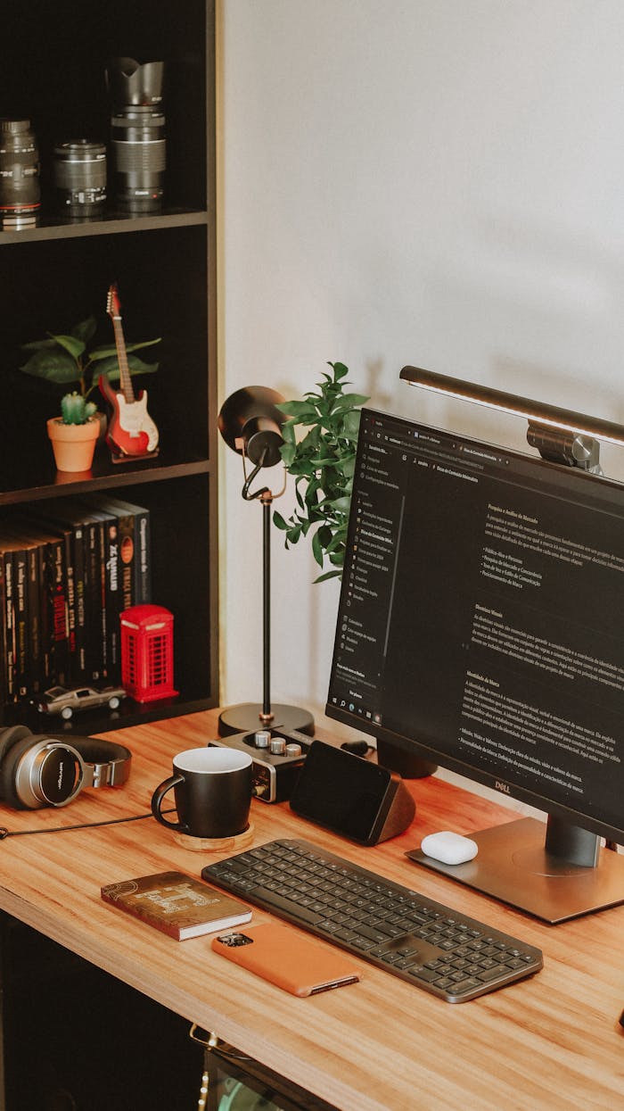 Computer and Keyboard Next to a Shelf